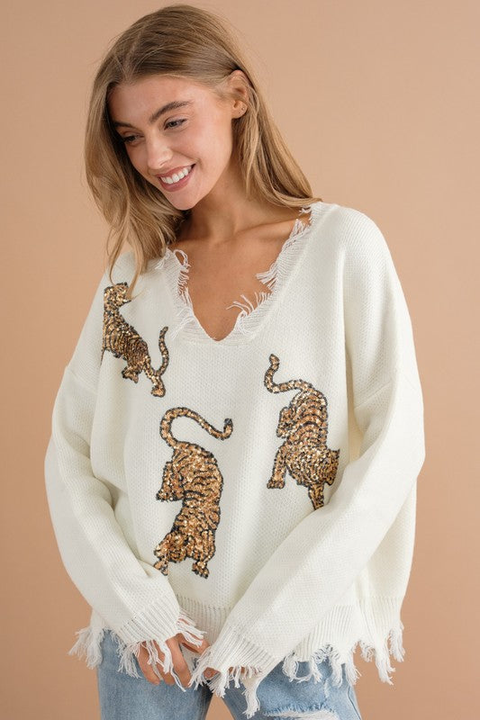 Let's Go Tigers Frayed Edge Sequin Tiger Sweater