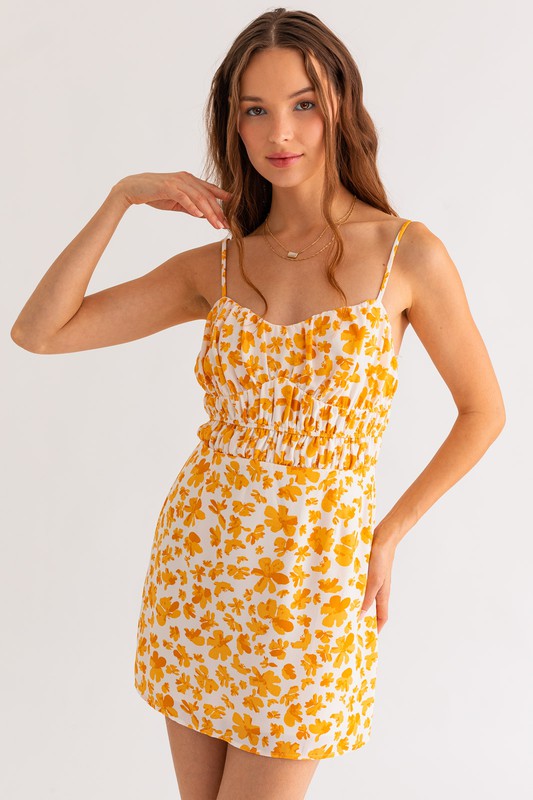 Yellow Fields Ruched Mini Dress