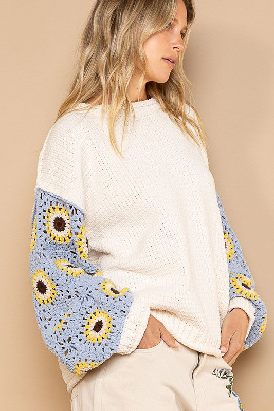 POL Contrast Square Pattern Sleeves Pullover Sweater