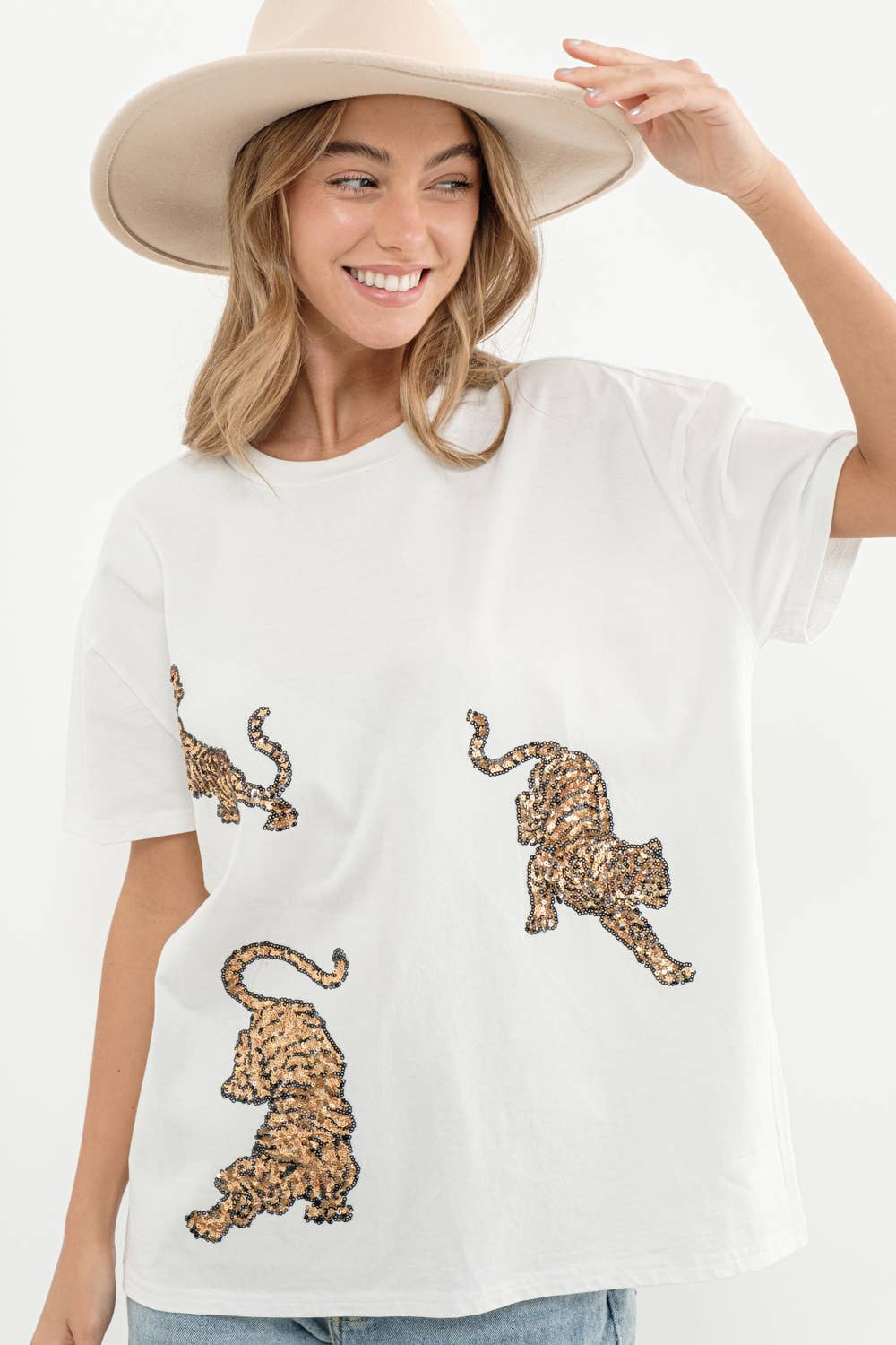 Embellished Sequin Tiger Graphic T Shirt