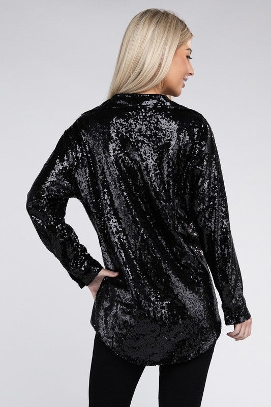 Midnight Disco Sequin Collared Button Up Long Sleeve Shirt