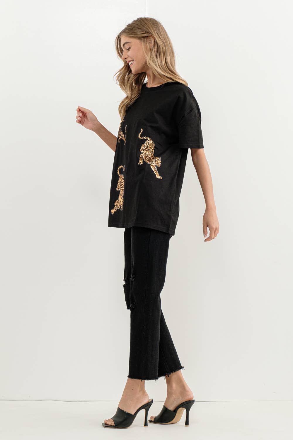 Embellished Sequin Tiger Graphic T Shirt