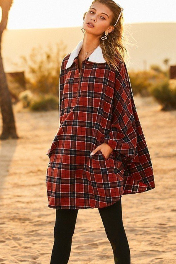 Mock Neck With Zipper Contrast Inside Front Pocket Plaid Poncho - Clothing - Market Street Boutique