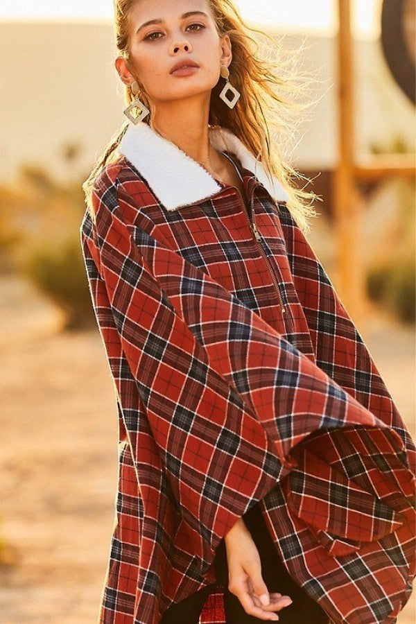 Mock Neck With Zipper Contrast Inside Front Pocket Plaid Poncho - Clothing - Market Street Boutique