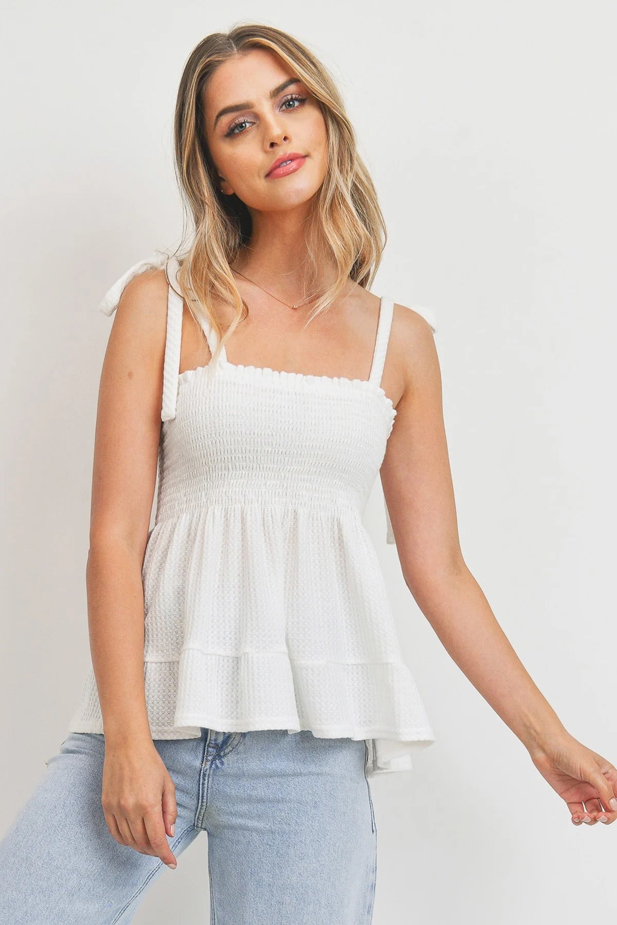 Smocking Bust With Self Tie Straps Sleeveless Waffle Top - Clothing - Market Street Boutique