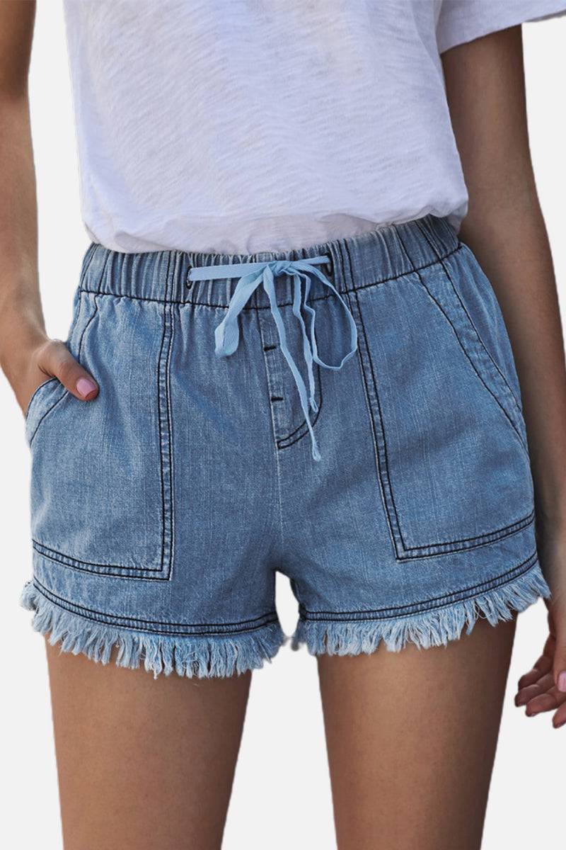 Pocketed Frayed Denim Shorts - Clothing - Market Street Boutique