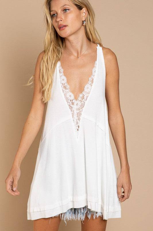 POL Sleeveless Deep V neck Dress with Lace on Front - Clothing - Market Street Boutique