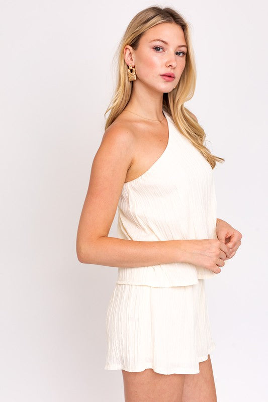 SLEEVELESS ONE SHOULDER LAYERED TOP ROMPER