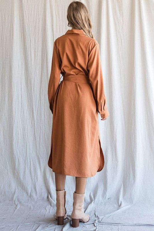 SOLID BUTTON DOWN BELTED LONG DRESS