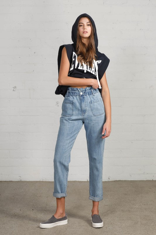 HIGH WAIST ELASTIC-BANDED SLOUCH JEANS
