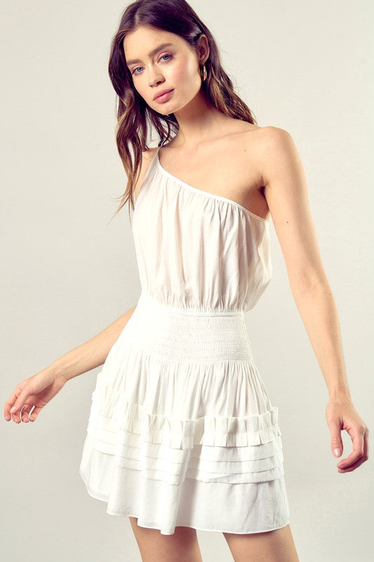 CAREFREE PLEATED ONE SHOULDER CAMI DRESS