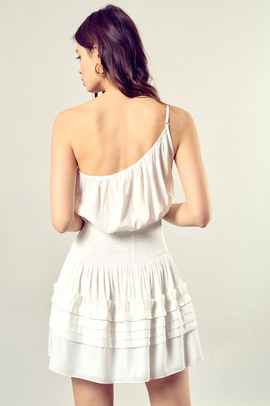 CAREFREE PLEATED ONE SHOULDER CAMI DRESS