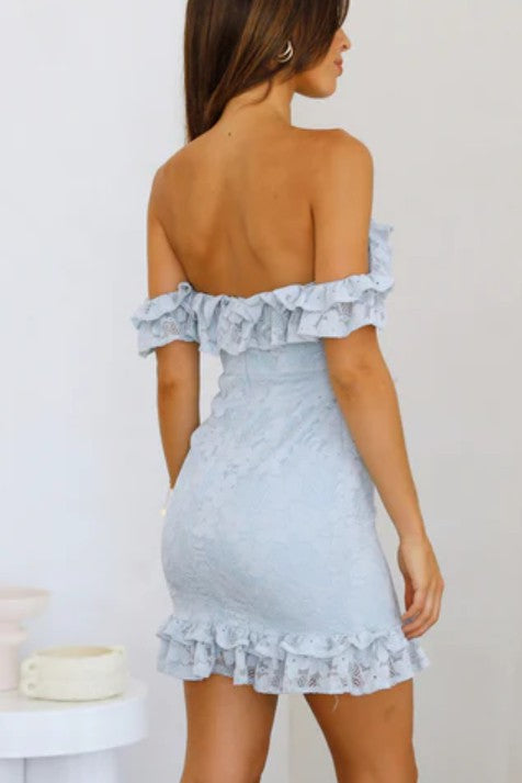 Ruffle and Lace Off the Shoulder Mini Bodycon Dress