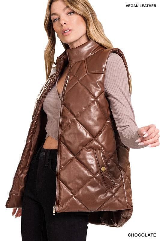 Vegan Leather Quilted Puffer Vest