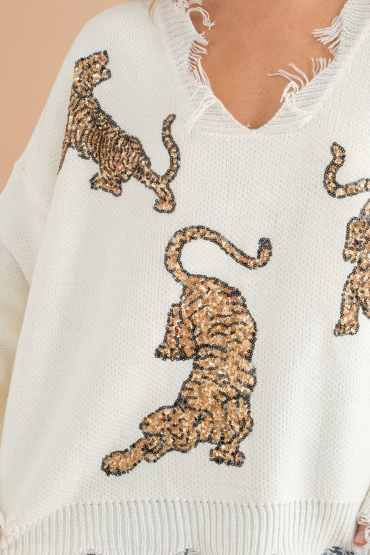 Let's Go Tigers Frayed Edge Sequin Tiger Sweater