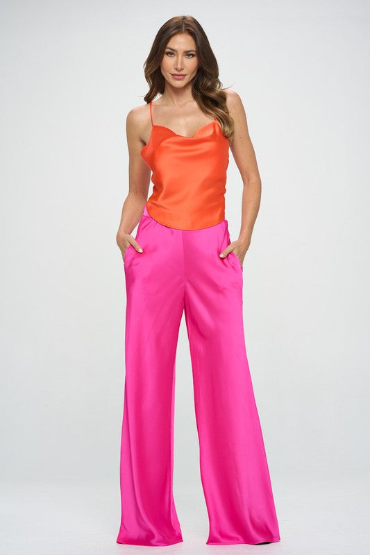 Stretch Satin Pants with Elastic Waist and Pockets