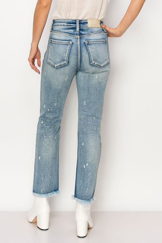 HIGH RISE DISTRESSED STRAIGHT WITH FRAY HEM JEANS