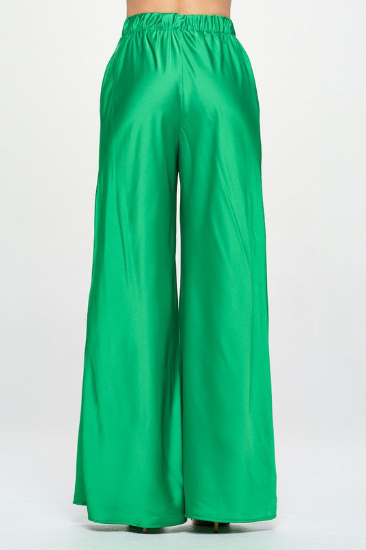 Stretch Satin Pants with Elastic Waist and Pockets