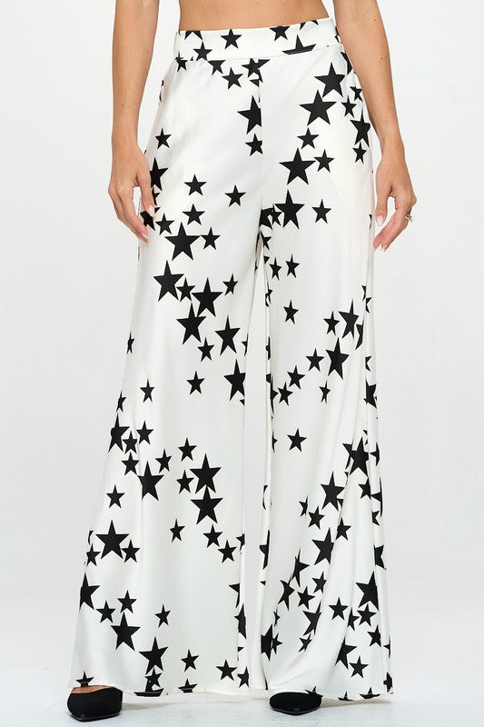 Silky Satin Star Print Pants with Side Pocket
