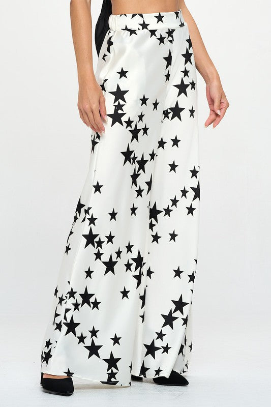 Silky Satin Star Print Pants with Side Pocket