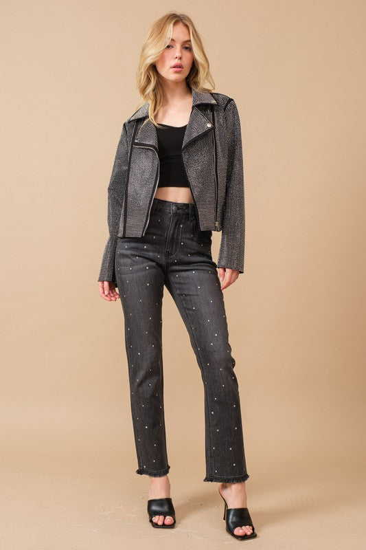 THE Crystal Studded Stretch Zip Up Moto Jacket