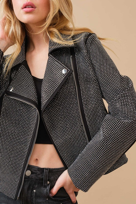 THE Crystal Studded Stretch Zip Up Moto Jacket