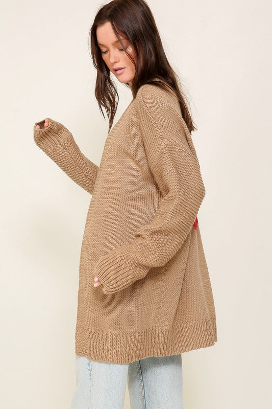 Long Sleeve Open Front Cardigan With Back Heart
