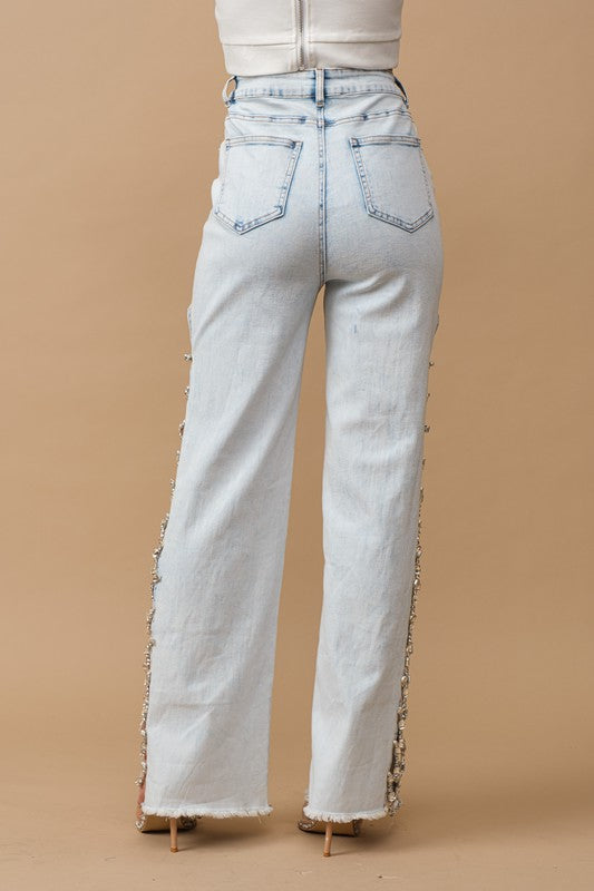 Cut Out At Side with Jewel Trim Stretch Denim Jeans