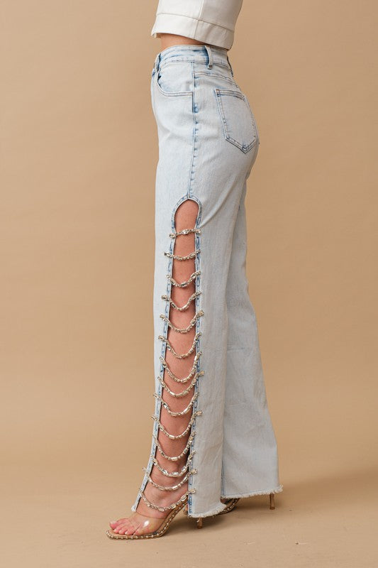 Cut Out At Side with Jewel Trim Stretch Denim Jeans