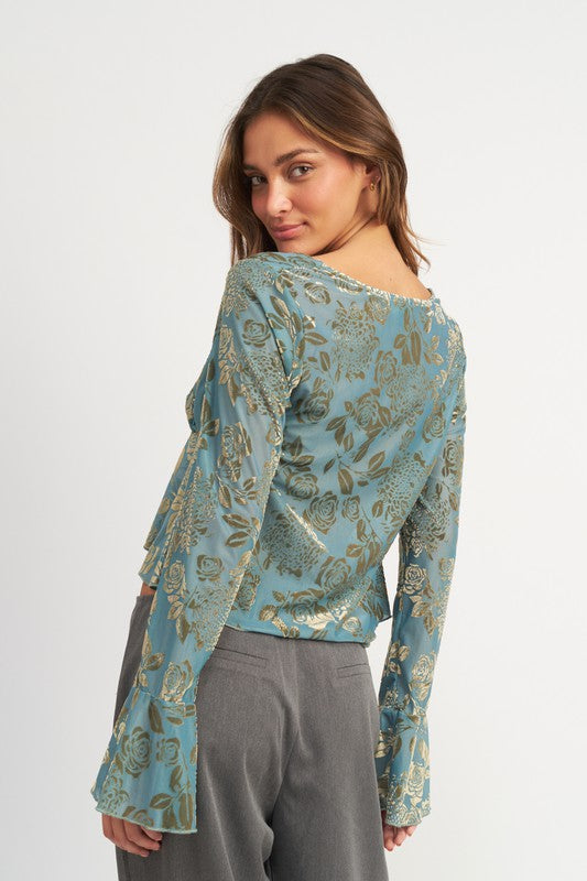 ROYAL SHIRRRING TIE TOP WITH LONG SLEEVE