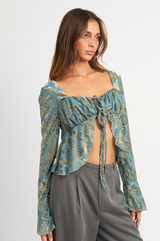 ROYAL SHIRRRING TIE TOP WITH LONG SLEEVE