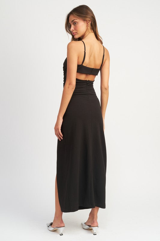 SIDE RUCHED MIDI DRESS WITH SPAGHETTI STRAPS