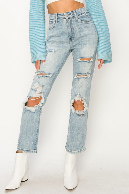 HIGH RISE DISTRESSED STRAIGHT JEANS