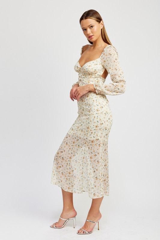 FLORAL PRINTCHIFFON MAXI DRESS WITH OPEN BACK