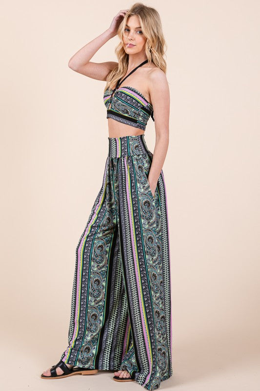 Halter Crop Top with Wide Leg Pants with Pockets