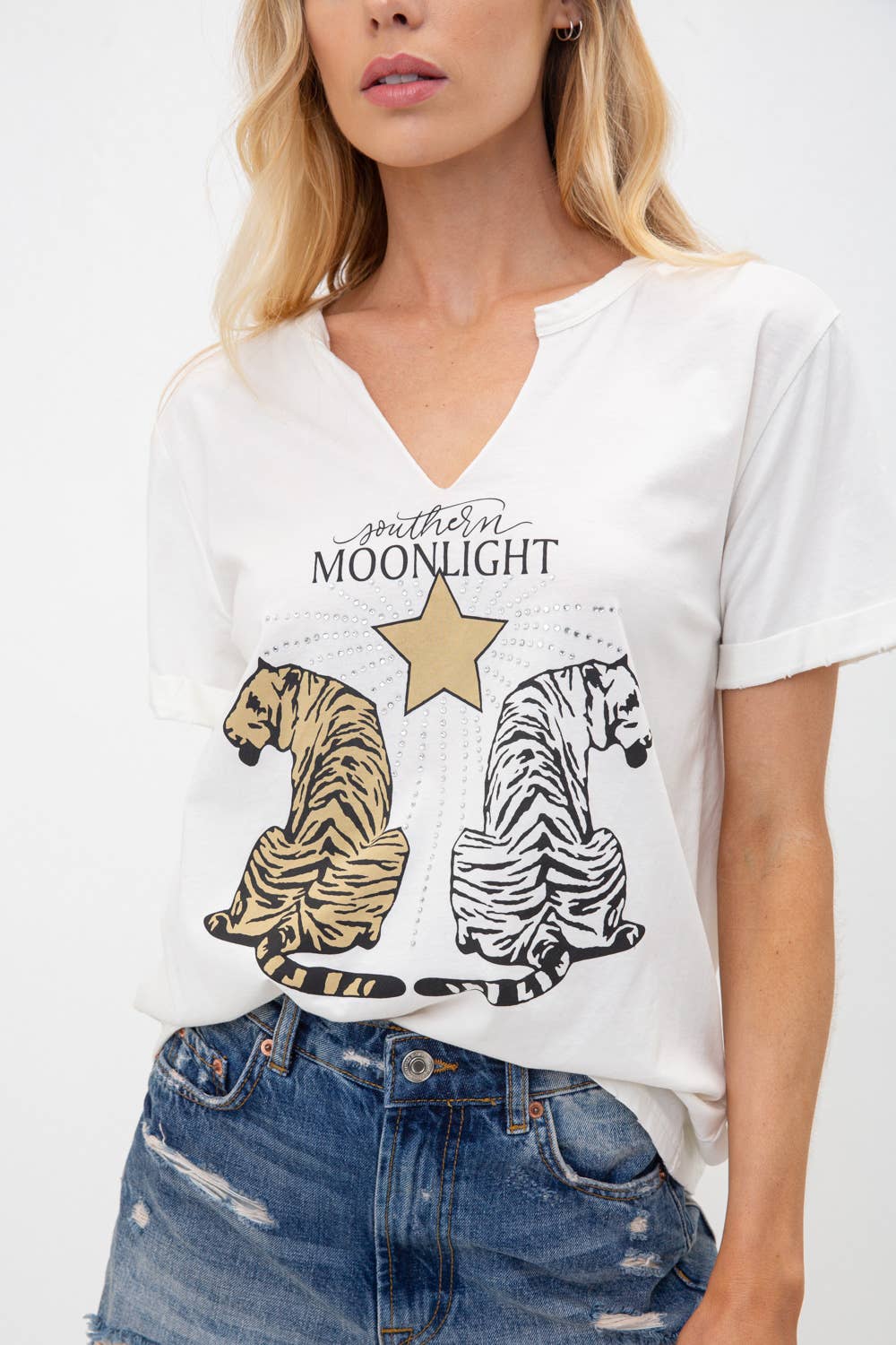 Cotton Distressed Rhinestone Star Tiger Moonlight