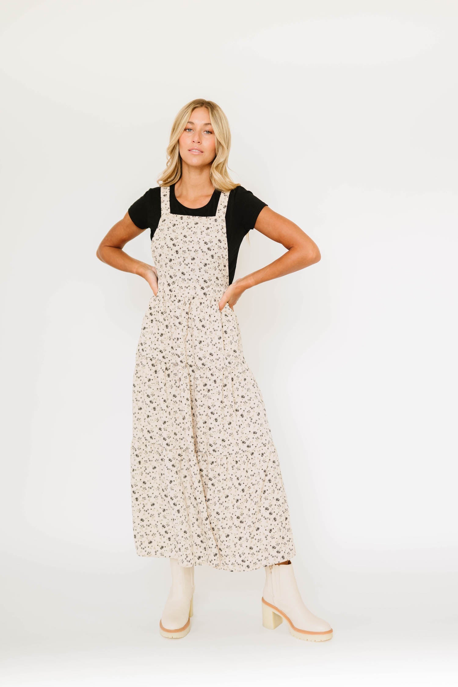 Shay Black Floral Taupe Overall Maxi Dress