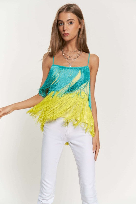 Fringe Overlay Cross Straps Party Cami Top