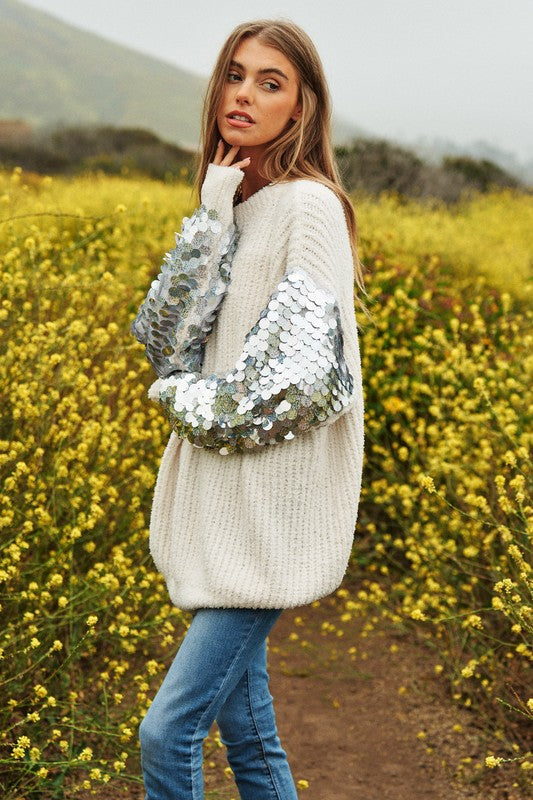 Sequin Disco Sleeve Sweater Knit Tunic Top