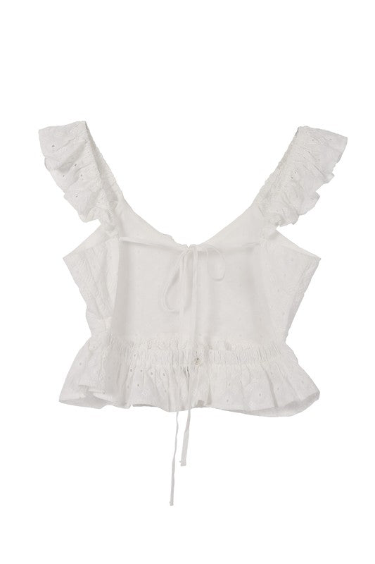 Short Sleeve Ruffled Backless Top with Flare