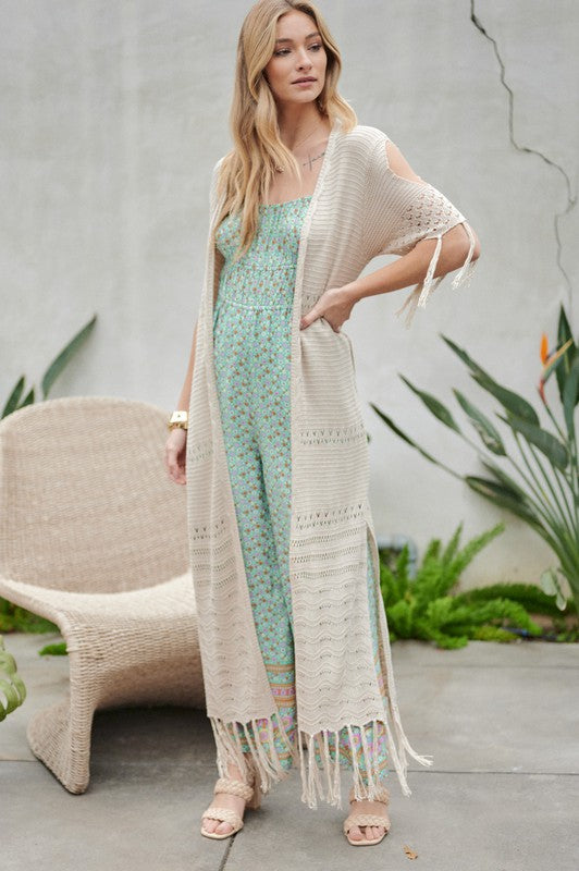 SOLID LONG CARDIGAN WITH FRINGE