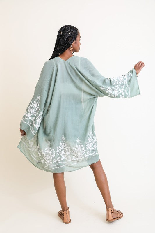 Embroidered Floral Vine Lightweight Kimono - Clothing - Market Street Boutique