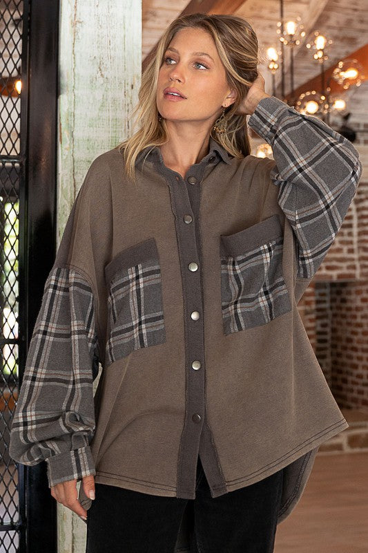 POL - Plaid and Terry Long Sleeve Shacket - Clothing - Market Street Boutique