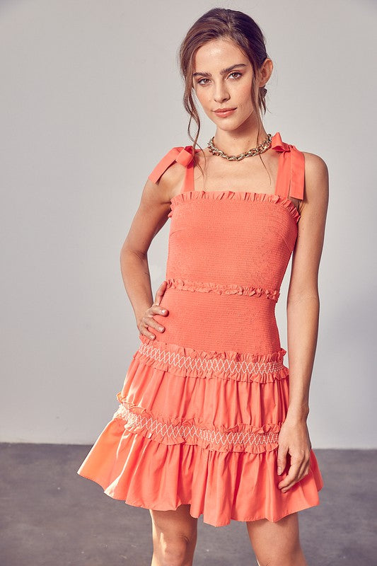 SMOCKED TIERED MINI DRESS - Clothing - Market Street Boutique