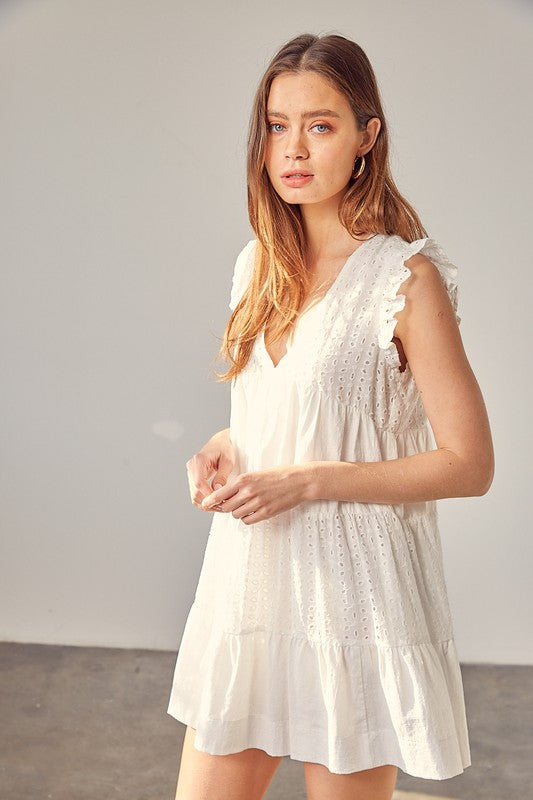 WHITE V NECK EYELET DRESS - Clothing - Market Street Boutique