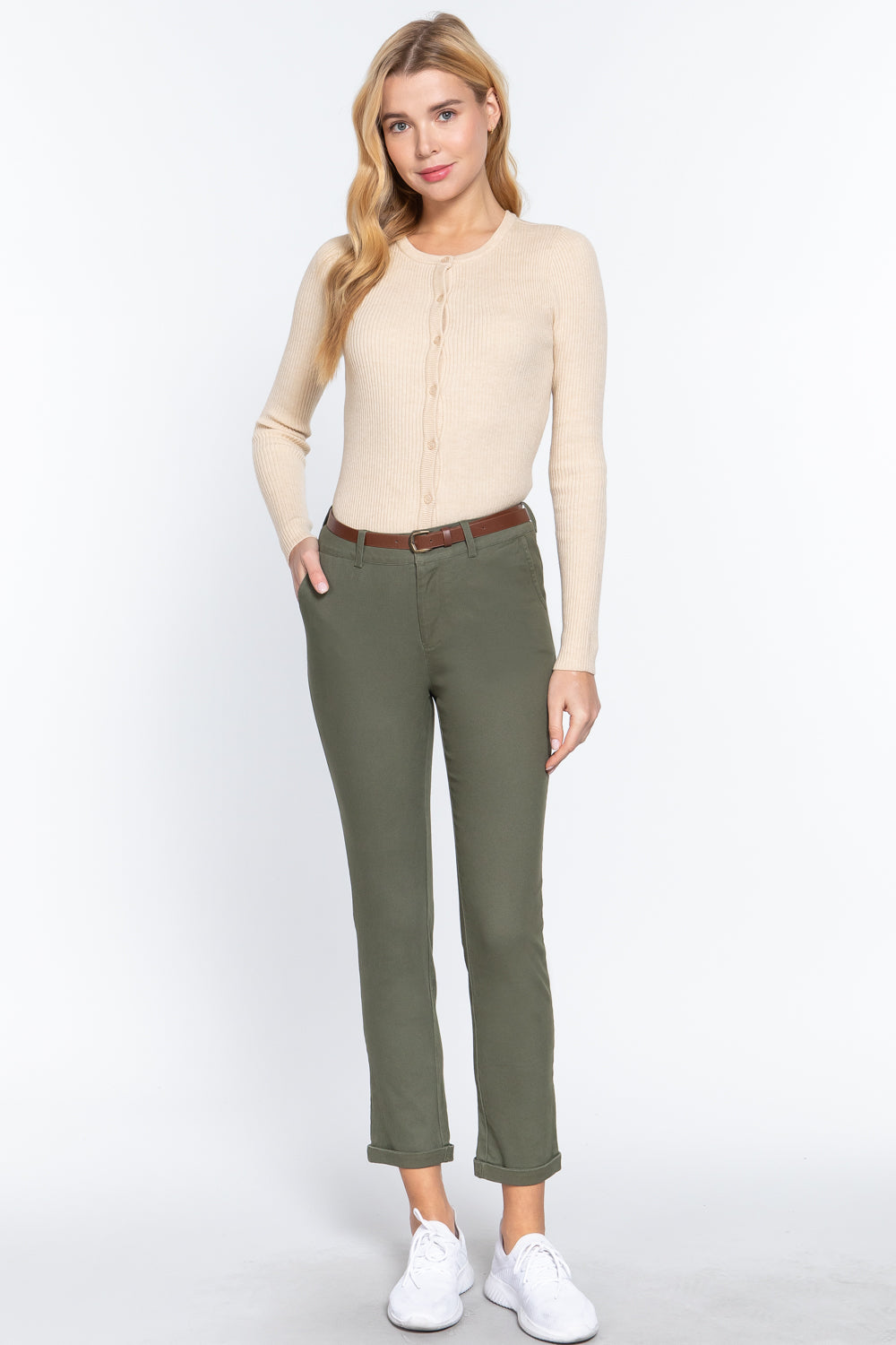 Cotton-span Twill Belted Long Pants
