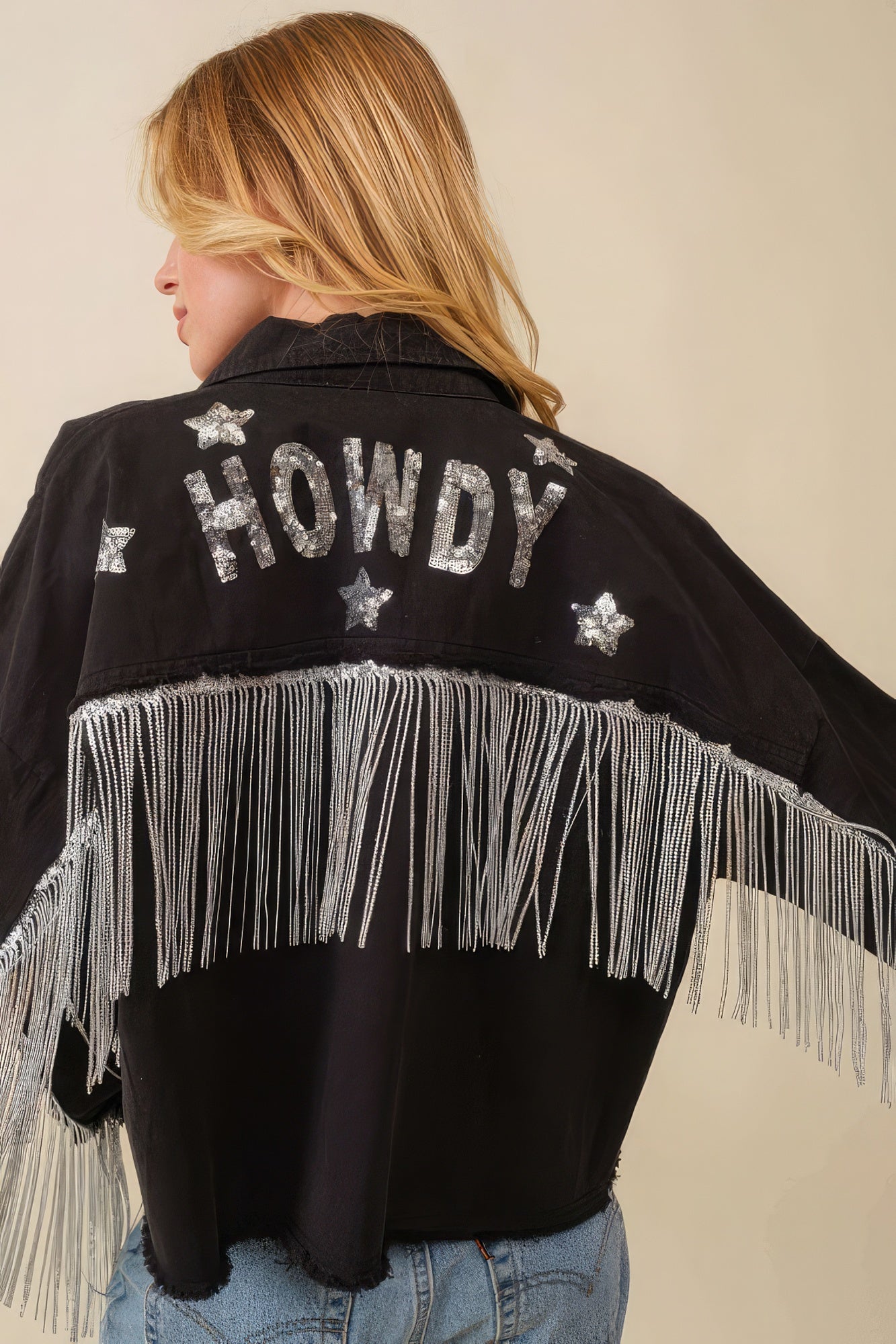 Howdy Sequin Fringe And Star Patches Jacket