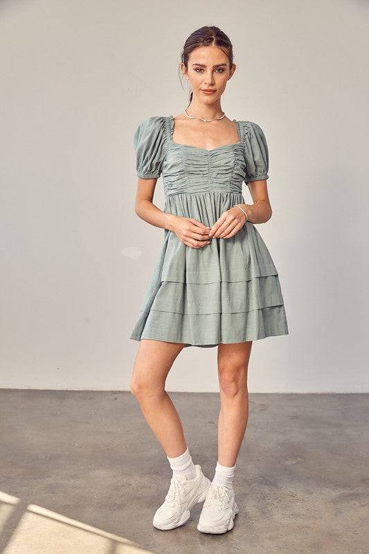 FRONT RUCHED DETAIL PUFF SLEEVE MINI DRESS - Clothing - Market Street Boutique