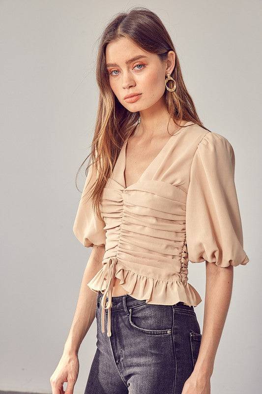 PUFF SLEEVE CINCHED TOP - Clothing - Market Street Boutique