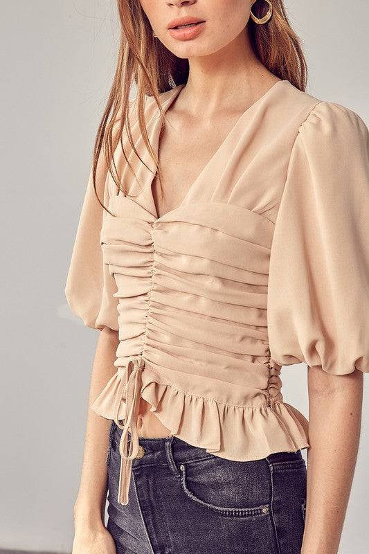 PUFF SLEEVE CINCHED TOP - Clothing - Market Street Boutique